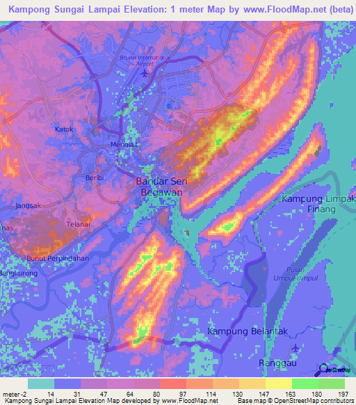 Kampong Sungai Lampai,Brunei Elevation Map