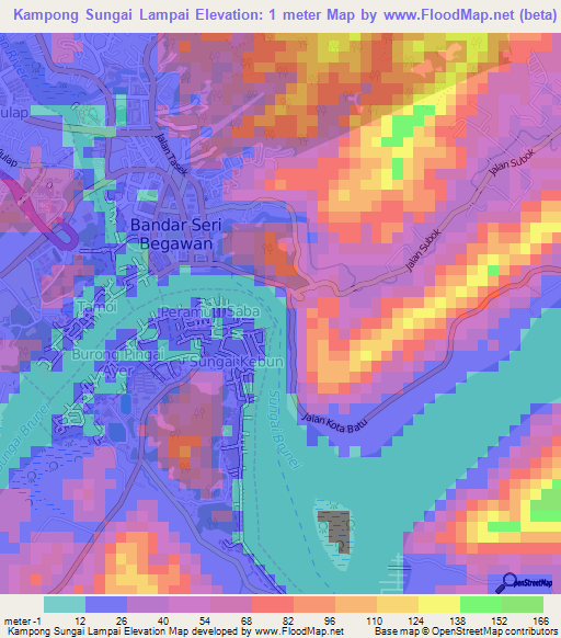 Kampong Sungai Lampai,Brunei Elevation Map