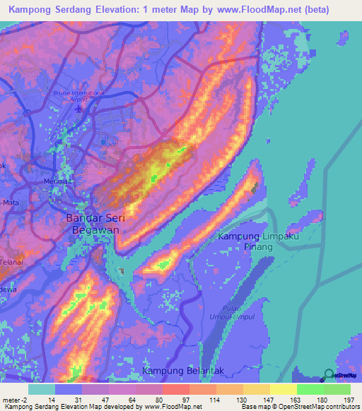 Kampong Serdang,Brunei Elevation Map
