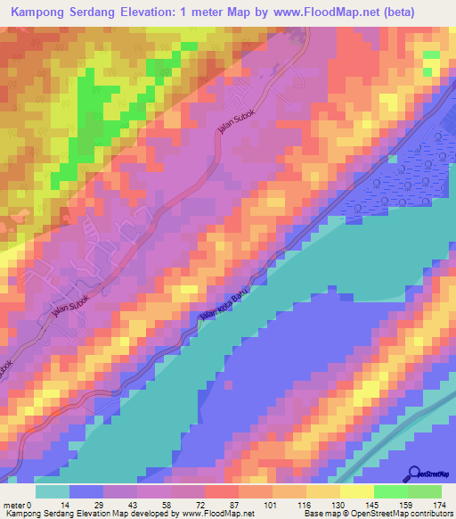 Kampong Serdang,Brunei Elevation Map