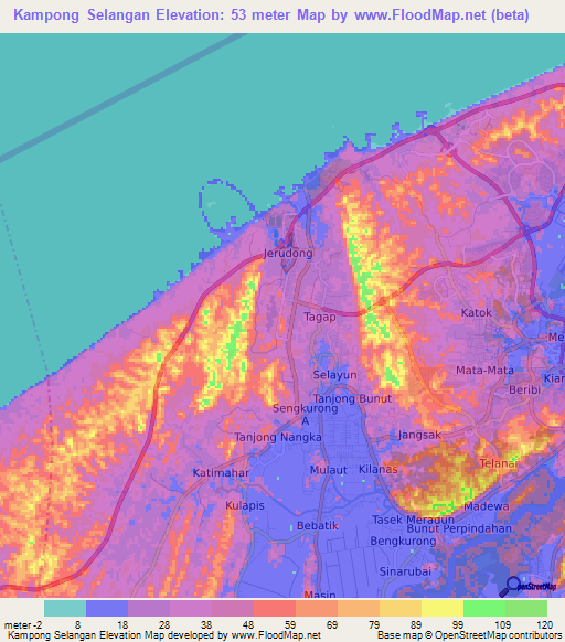 Kampong Selangan,Brunei Elevation Map