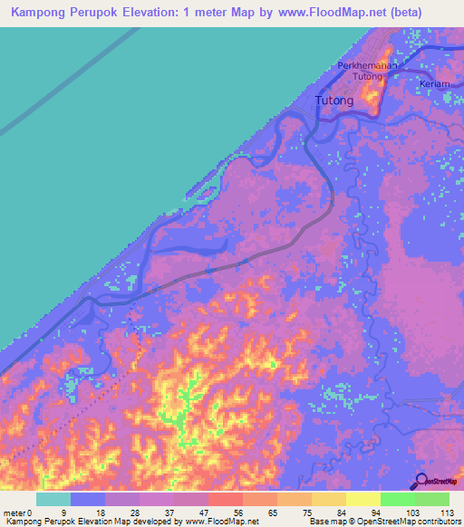 Kampong Perupok,Brunei Elevation Map