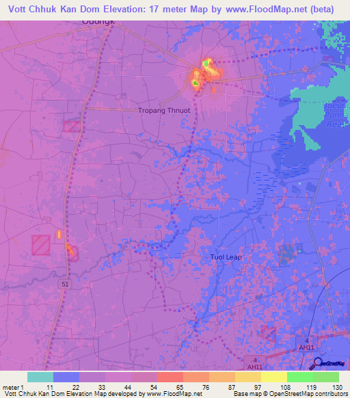 Vott Chhuk Kan Dom,Cambodia Elevation Map
