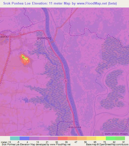 Srok Ponhea Loe,Cambodia Elevation Map