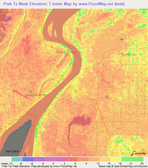 Prek Ta Meak,Cambodia Elevation Map