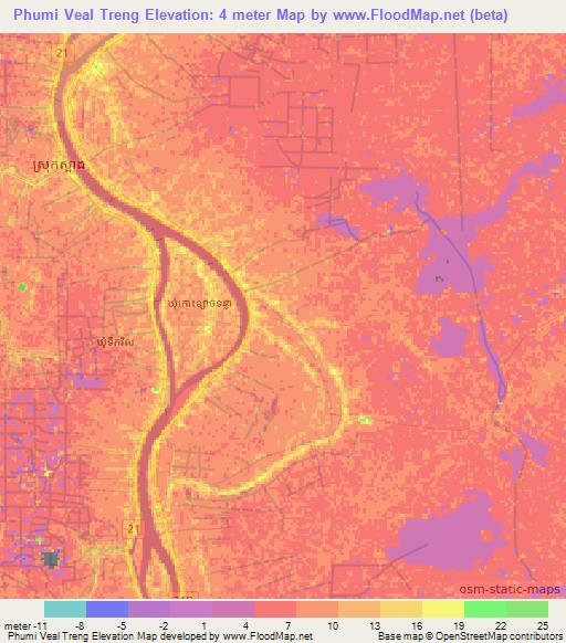 Phumi Veal Treng,Cambodia Elevation Map