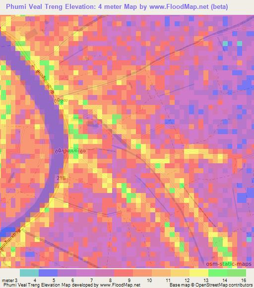 Phumi Veal Treng,Cambodia Elevation Map