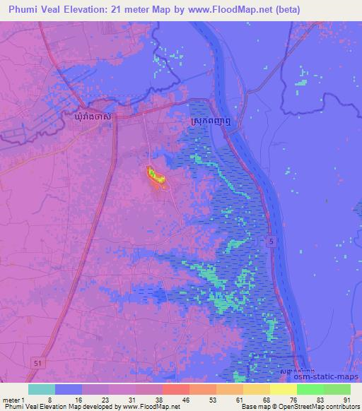 Phumi Veal,Cambodia Elevation Map