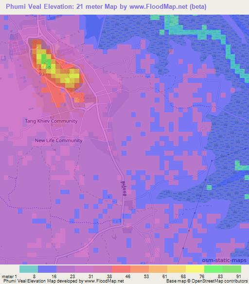 Phumi Veal,Cambodia Elevation Map