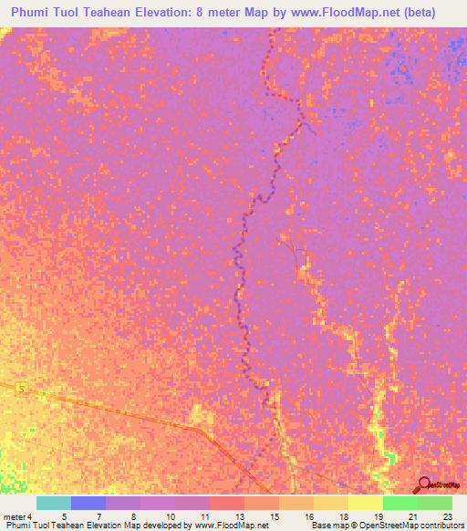 Phumi Tuol Teahean,Cambodia Elevation Map