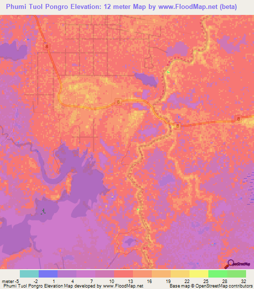 Phumi Tuol Pongro,Cambodia Elevation Map