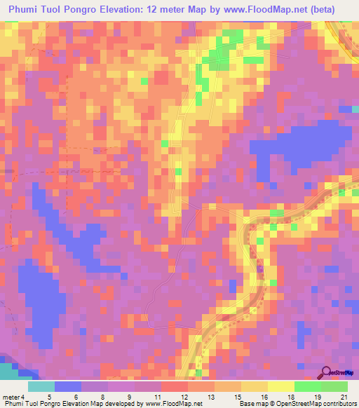 Phumi Tuol Pongro,Cambodia Elevation Map