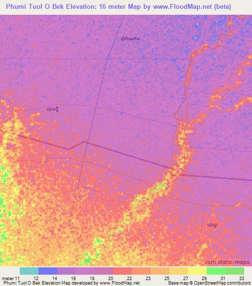 Phumi Tuol O Bek,Cambodia Elevation Map