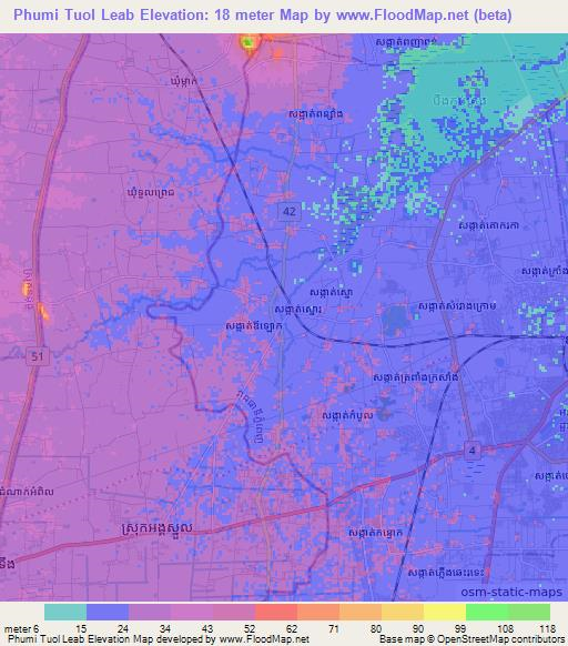 Phumi Tuol Leab,Cambodia Elevation Map