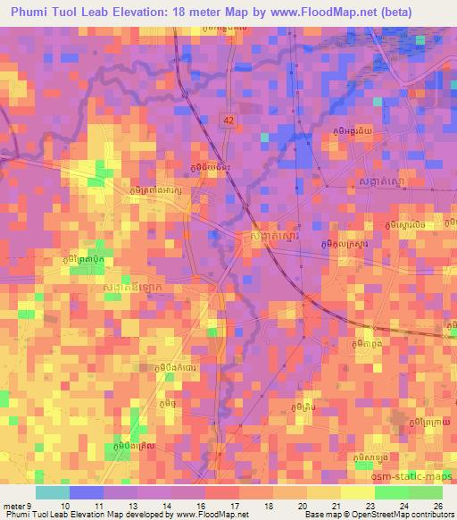 Phumi Tuol Leab,Cambodia Elevation Map