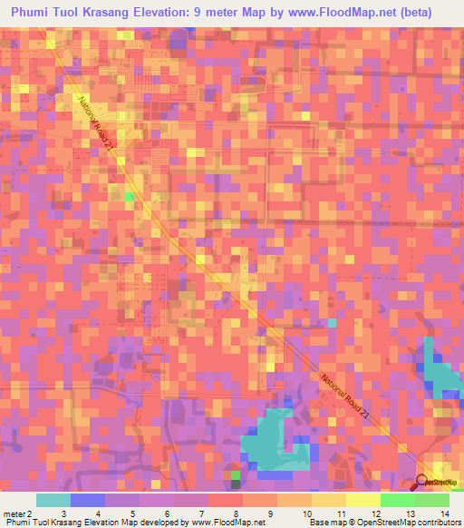 Phumi Tuol Krasang,Cambodia Elevation Map
