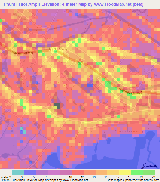 Phumi Tuol Ampil,Cambodia Elevation Map