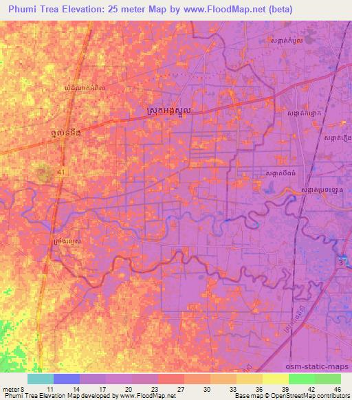 Phumi Trea,Cambodia Elevation Map