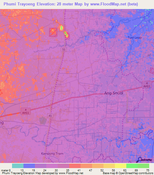Phumi Trayoeng,Cambodia Elevation Map