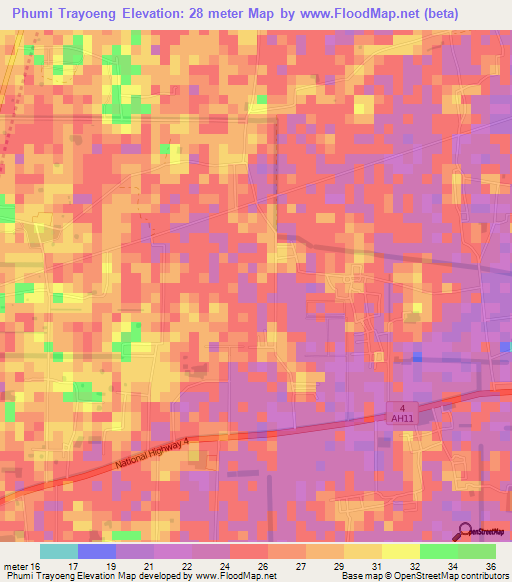 Phumi Trayoeng,Cambodia Elevation Map