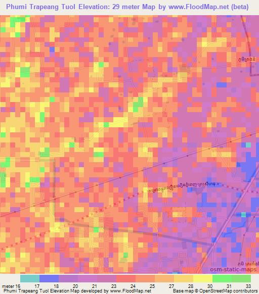 Phumi Trapeang Tuol,Cambodia Elevation Map