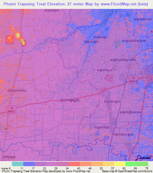 Phumi Trapeang Treal,Cambodia Elevation Map