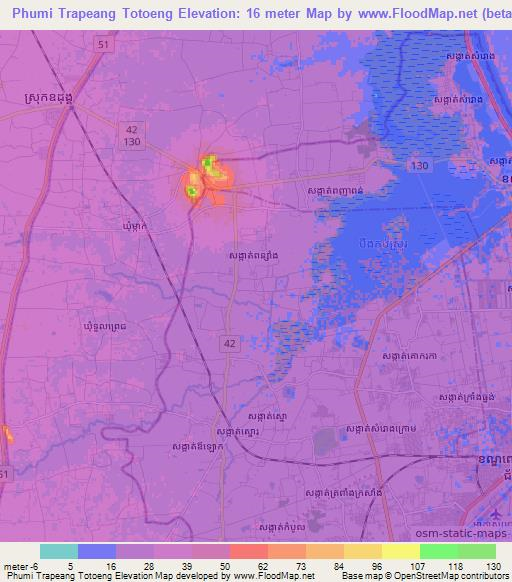 Phumi Trapeang Totoeng,Cambodia Elevation Map