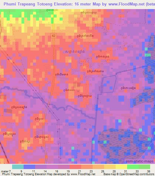 Phumi Trapeang Totoeng,Cambodia Elevation Map