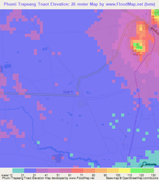 Phumi Trapeang Tnaot,Cambodia Elevation Map