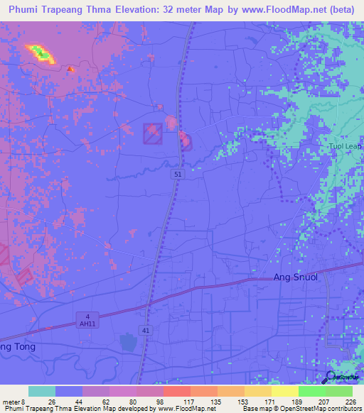 Phumi Trapeang Thma,Cambodia Elevation Map