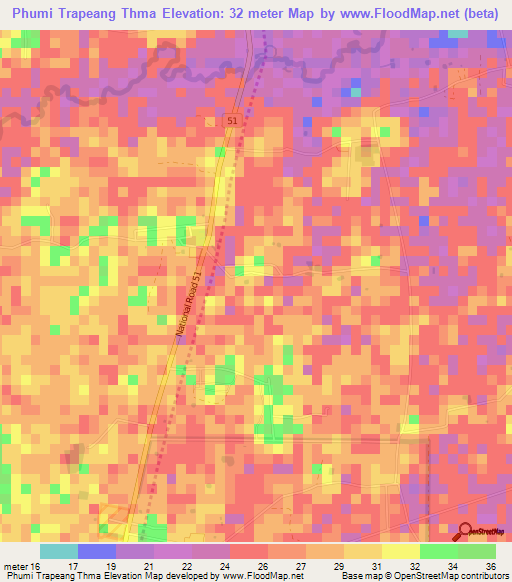 Phumi Trapeang Thma,Cambodia Elevation Map