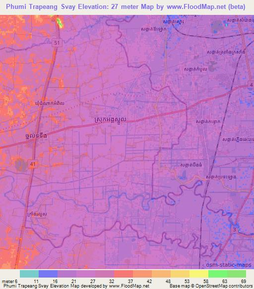 Phumi Trapeang Svay,Cambodia Elevation Map
