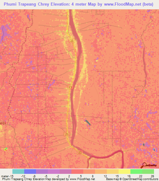 Phumi Trapeang Chrey,Cambodia Elevation Map