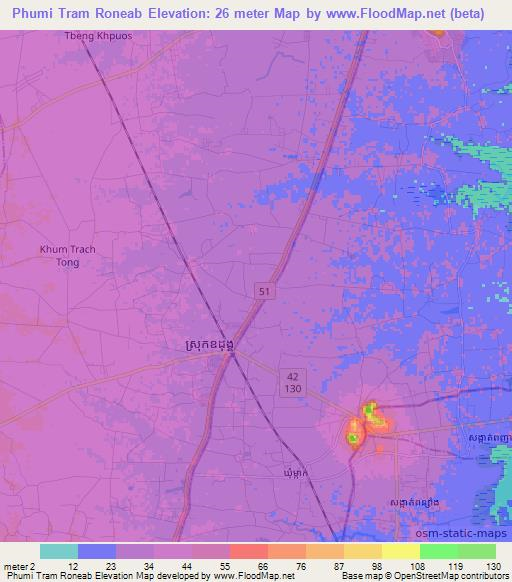 Phumi Tram Roneab,Cambodia Elevation Map