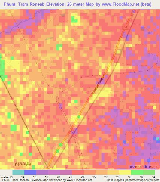 Phumi Tram Roneab,Cambodia Elevation Map