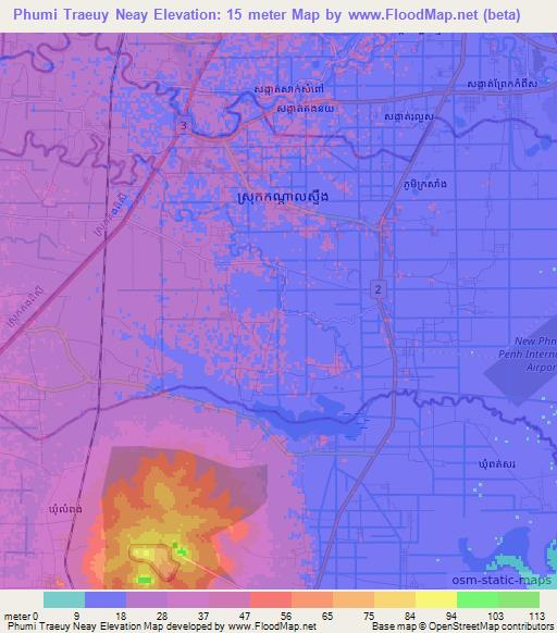 Phumi Traeuy Neay,Cambodia Elevation Map