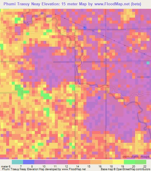 Phumi Traeuy Neay,Cambodia Elevation Map