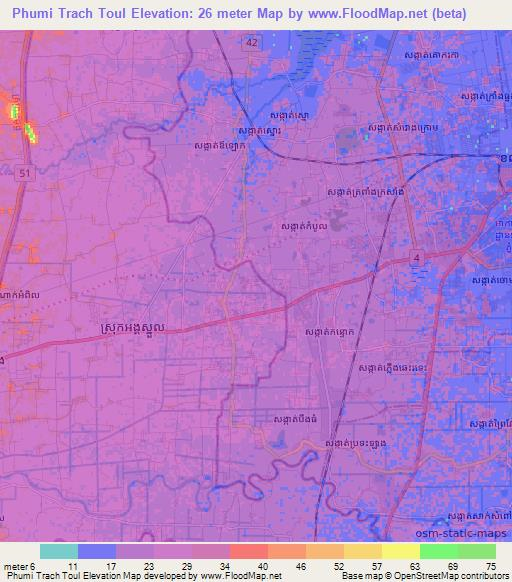 Phumi Trach Toul,Cambodia Elevation Map