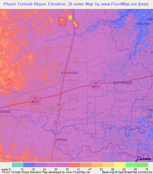 Phumi Tonloab Khpos,Cambodia Elevation Map