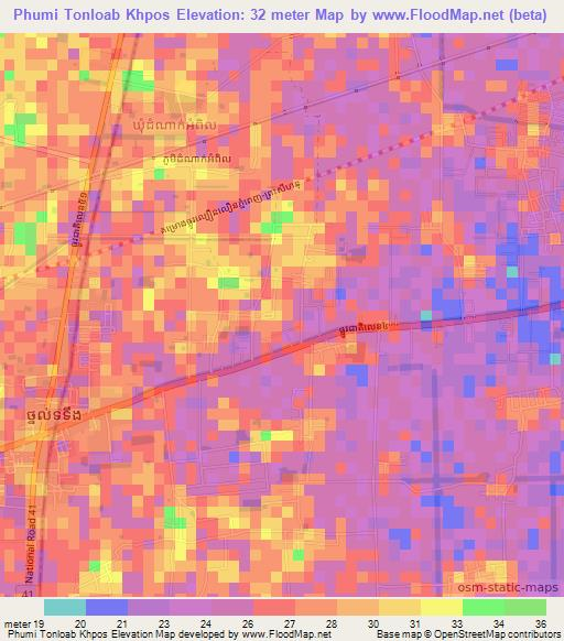 Phumi Tonloab Khpos,Cambodia Elevation Map
