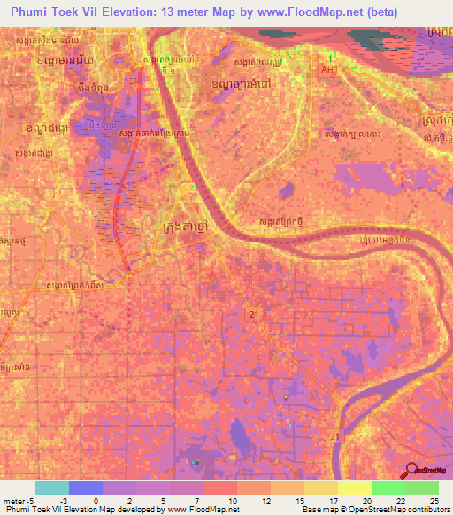 Phumi Toek Vil,Cambodia Elevation Map