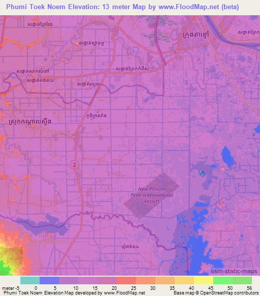 Phumi Toek Noem,Cambodia Elevation Map