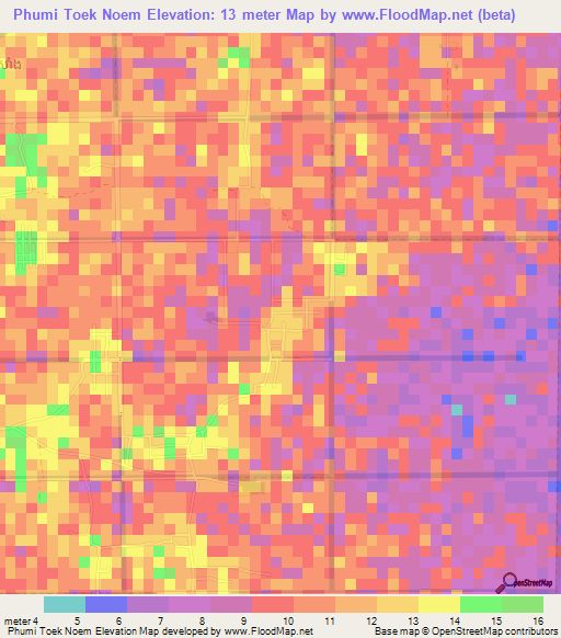 Phumi Toek Noem,Cambodia Elevation Map