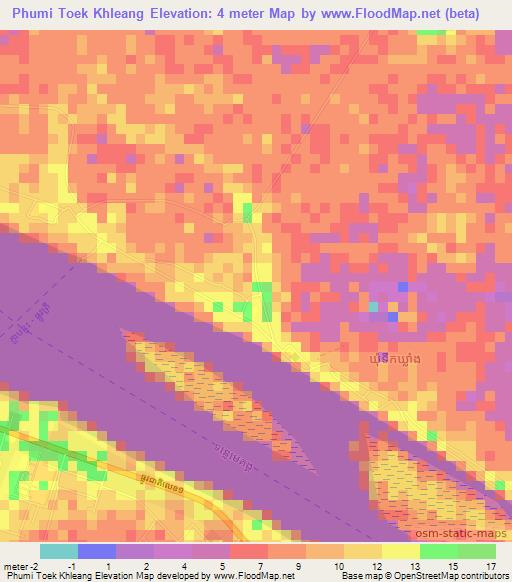 Phumi Toek Khleang,Cambodia Elevation Map