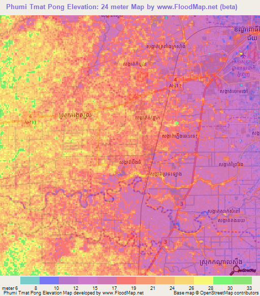 Phumi Tmat Pong,Cambodia Elevation Map