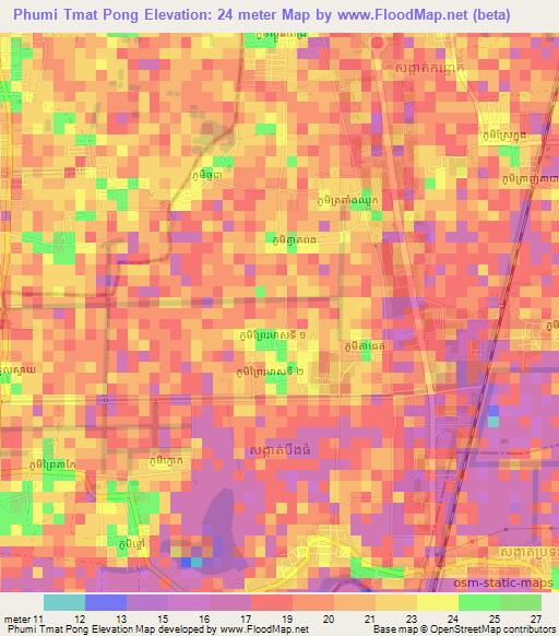 Phumi Tmat Pong,Cambodia Elevation Map