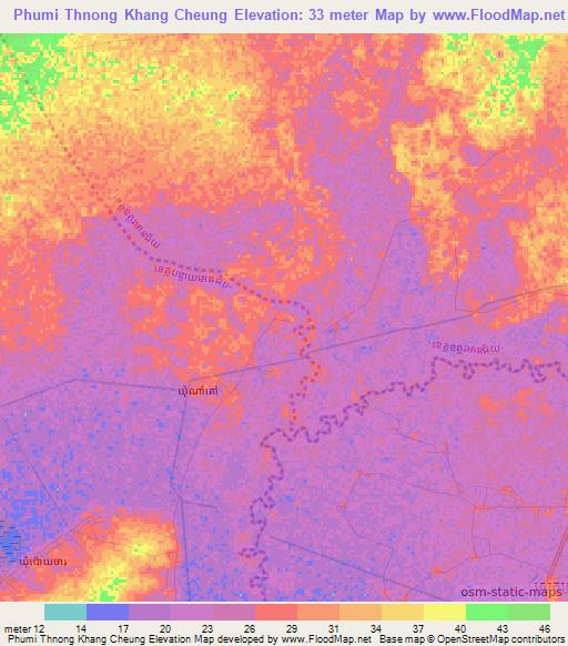 Phumi Thnong Khang Cheung,Cambodia Elevation Map