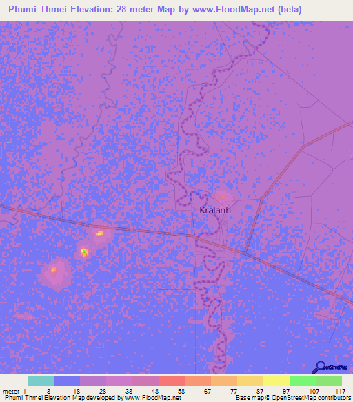 Phumi Thmei,Cambodia Elevation Map