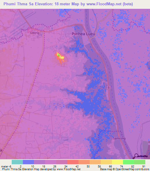 Phumi Thma Sa,Cambodia Elevation Map