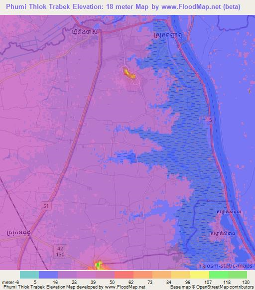 Phumi Thlok Trabek,Cambodia Elevation Map